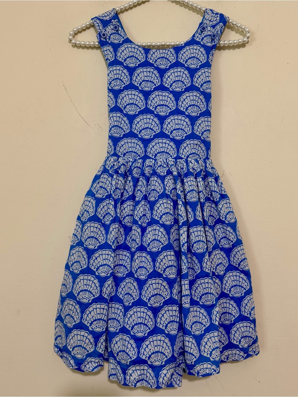Mini Boden Blue Shell Print Criss Cross Back Dress SIZE 9-10